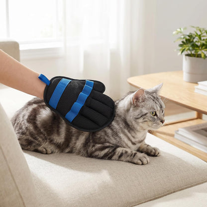 Upgraded Pet Hair Removal Glove Set, Black Five Finger Cat Grooming Glove & Banana Yellow Self-Cleaning Comb, Reusable Magic Brush Pet Hair Remover (Blue)