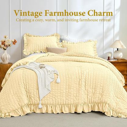 King Size Comforter Set, 3 Pieces Light Yellow Seersucker Comforters King Size, Lightweight & Fluffy Bedding Sets King for All Season with 1 Ruffle Comforter and 2 Ruffle Pillowshams