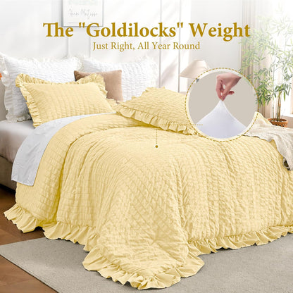 King Size Comforter Set, 3 Pieces Light Yellow Seersucker Comforters King Size, Lightweight & Fluffy Bedding Sets King for All Season with 1 Ruffle Comforter and 2 Ruffle Pillowshams