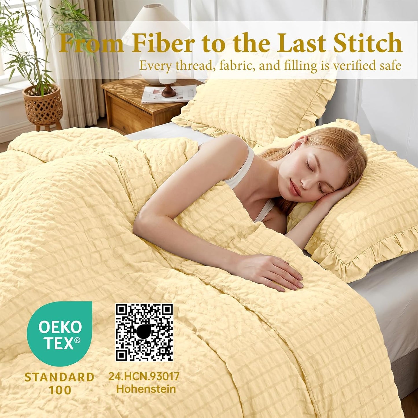 King Size Comforter Set, 3 Pieces Light Yellow Seersucker Comforters King Size, Lightweight & Fluffy Bedding Sets King for All Season with 1 Ruffle Comforter and 2 Ruffle Pillowshams