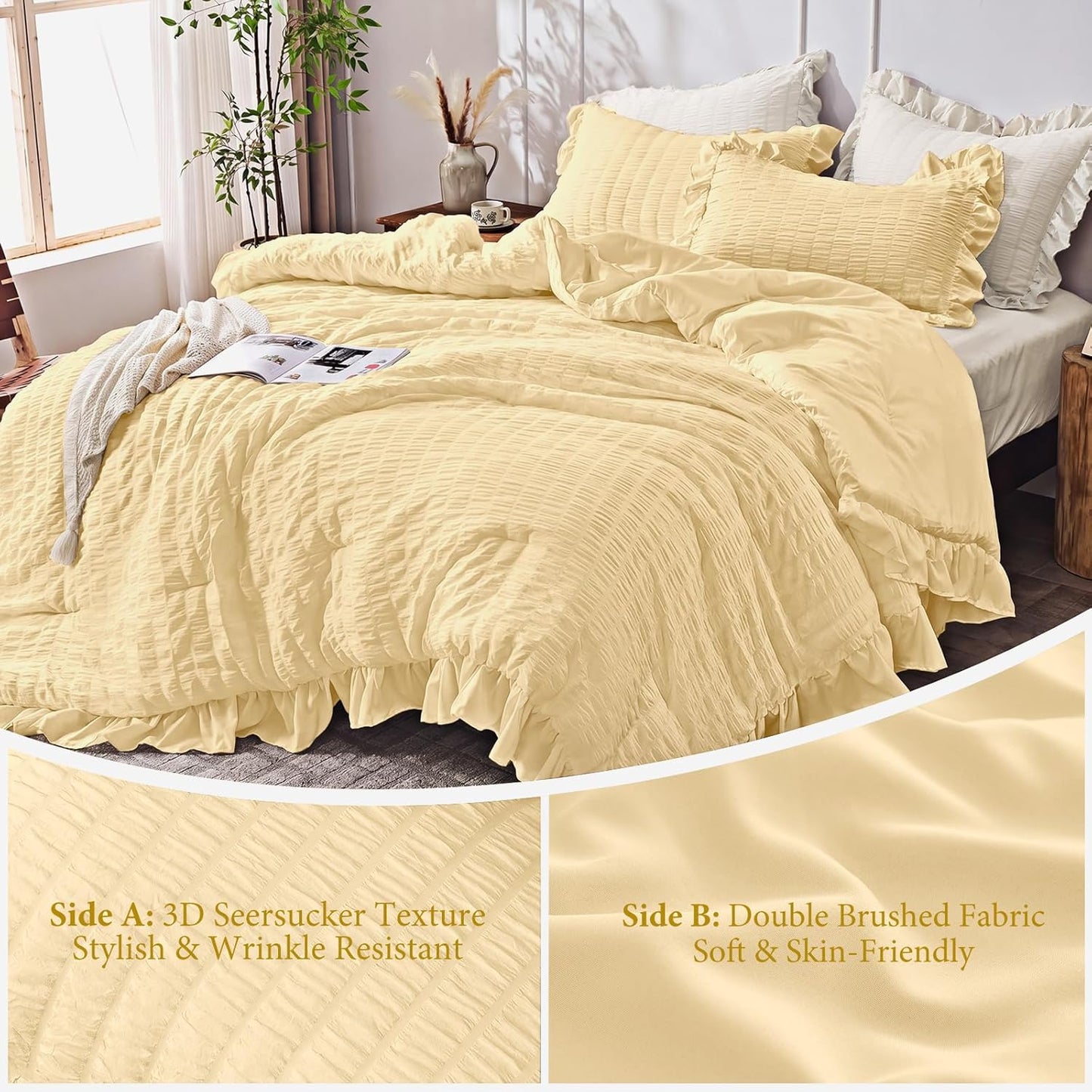 King Size Comforter Set, 3 Pieces Light Yellow Seersucker Comforters King Size, Lightweight & Fluffy Bedding Sets King for All Season with 1 Ruffle Comforter and 2 Ruffle Pillowshams
