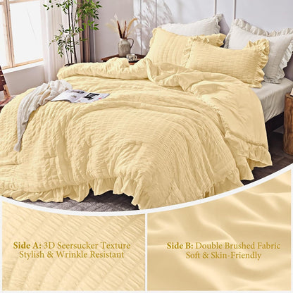 King Size Comforter Set, 3 Pieces Light Yellow Seersucker Comforters King Size, Lightweight & Fluffy Bedding Sets King for All Season with 1 Ruffle Comforter and 2 Ruffle Pillowshams