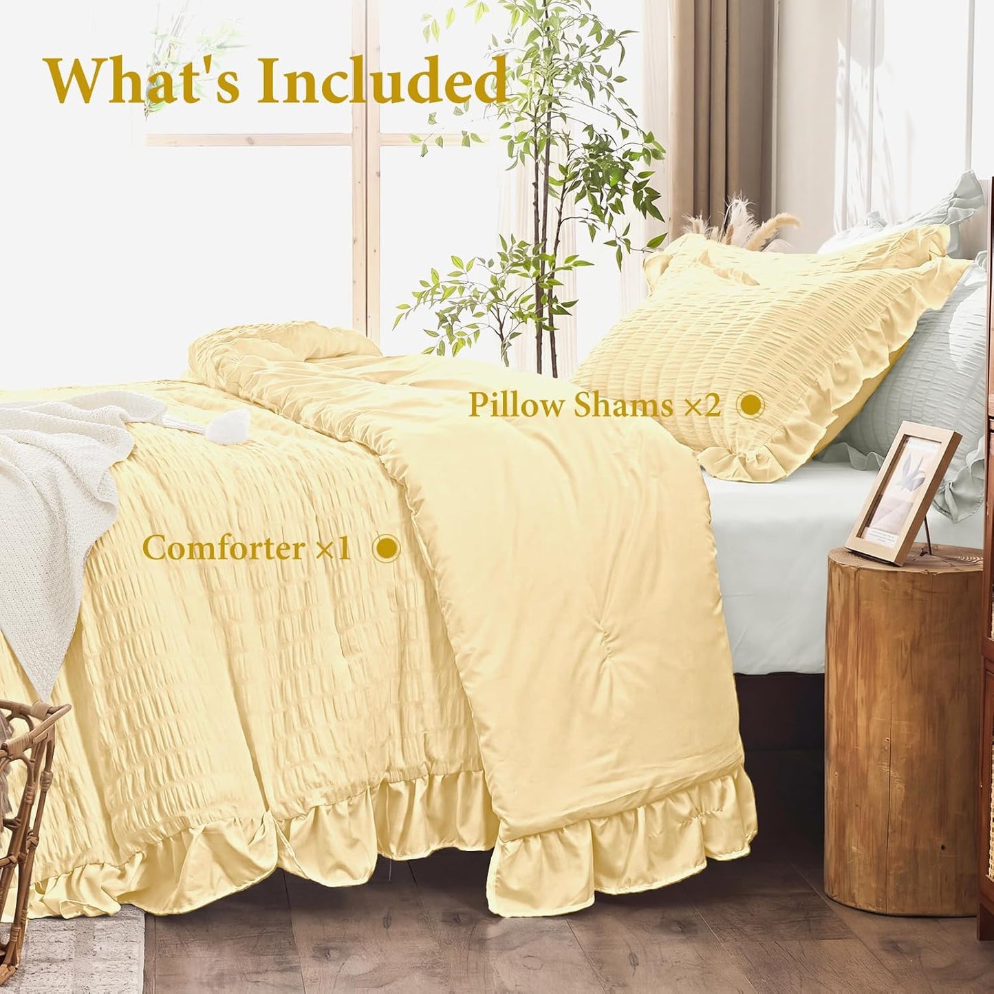 King Size Comforter Set, 3 Pieces Light Yellow Seersucker Comforters King Size, Lightweight & Fluffy Bedding Sets King for All Season with 1 Ruffle Comforter and 2 Ruffle Pillowshams