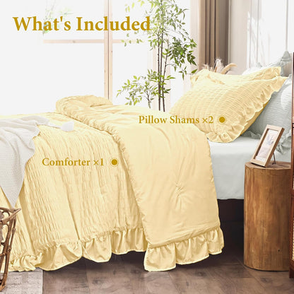 King Size Comforter Set, 3 Pieces Light Yellow Seersucker Comforters King Size, Lightweight & Fluffy Bedding Sets King for All Season with 1 Ruffle Comforter and 2 Ruffle Pillowshams