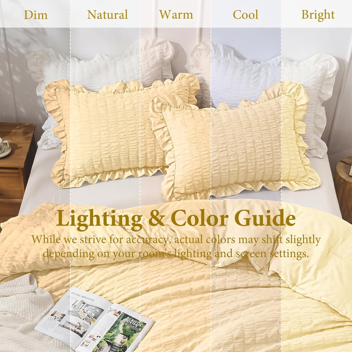 King Size Comforter Set, 3 Pieces Light Yellow Seersucker Comforters King Size, Lightweight & Fluffy Bedding Sets King for All Season with 1 Ruffle Comforter and 2 Ruffle Pillowshams