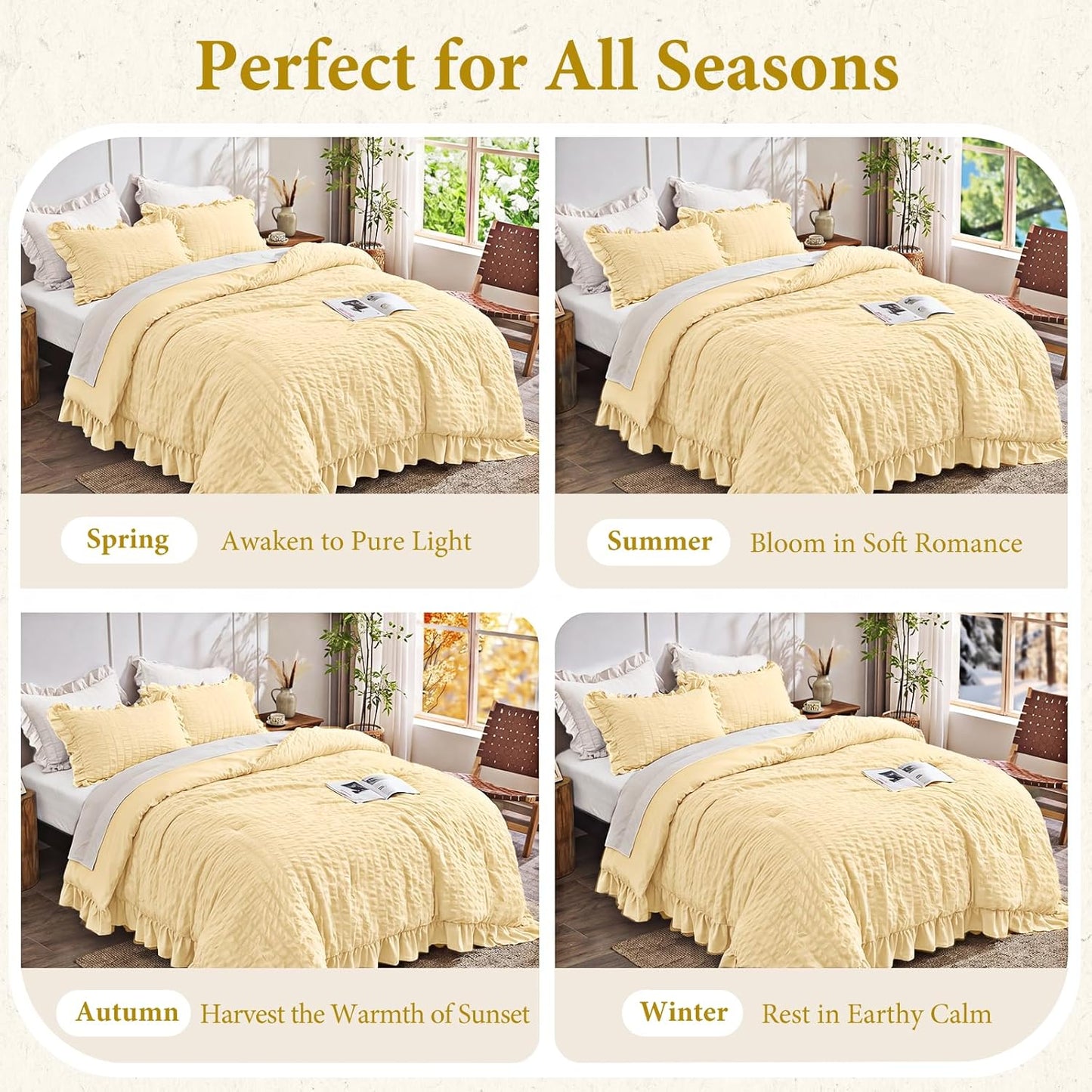 King Size Comforter Set, 3 Pieces Light Yellow Seersucker Comforters King Size, Lightweight & Fluffy Bedding Sets King for All Season with 1 Ruffle Comforter and 2 Ruffle Pillowshams