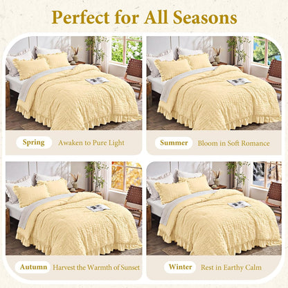 King Size Comforter Set, 3 Pieces Light Yellow Seersucker Comforters King Size, Lightweight & Fluffy Bedding Sets King for All Season with 1 Ruffle Comforter and 2 Ruffle Pillowshams