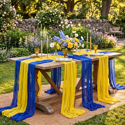 6 Pcs Royal Blue Lemon Yellow Party Decorations Amalfi Coast Table Runner Gauze Cheesecloth Runner Capri Lemon 118" Rustic Table Decor for Mediterranean Italian Summer Wedding Party Decor