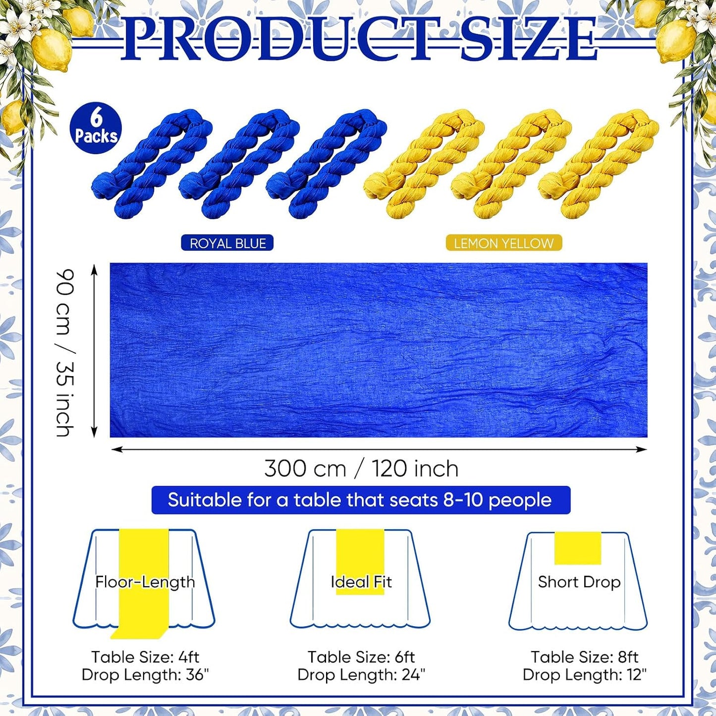 6 Pcs Royal Blue Lemon Yellow Party Decorations Amalfi Coast Table Runner Gauze Cheesecloth Runner Capri Lemon 118" Rustic Table Decor for Mediterranean Italian Summer Wedding Party Decor