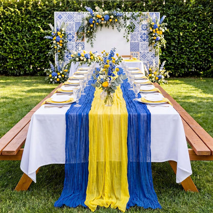 6 Pcs Royal Blue Lemon Yellow Party Decorations Amalfi Coast Table Runner Gauze Cheesecloth Runner Capri Lemon 118" Rustic Table Decor for Mediterranean Italian Summer Wedding Party Decor