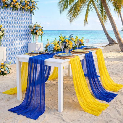 6 Pcs Royal Blue Lemon Yellow Party Decorations Amalfi Coast Table Runner Gauze Cheesecloth Runner Capri Lemon 118" Rustic Table Decor for Mediterranean Italian Summer Wedding Party Decor