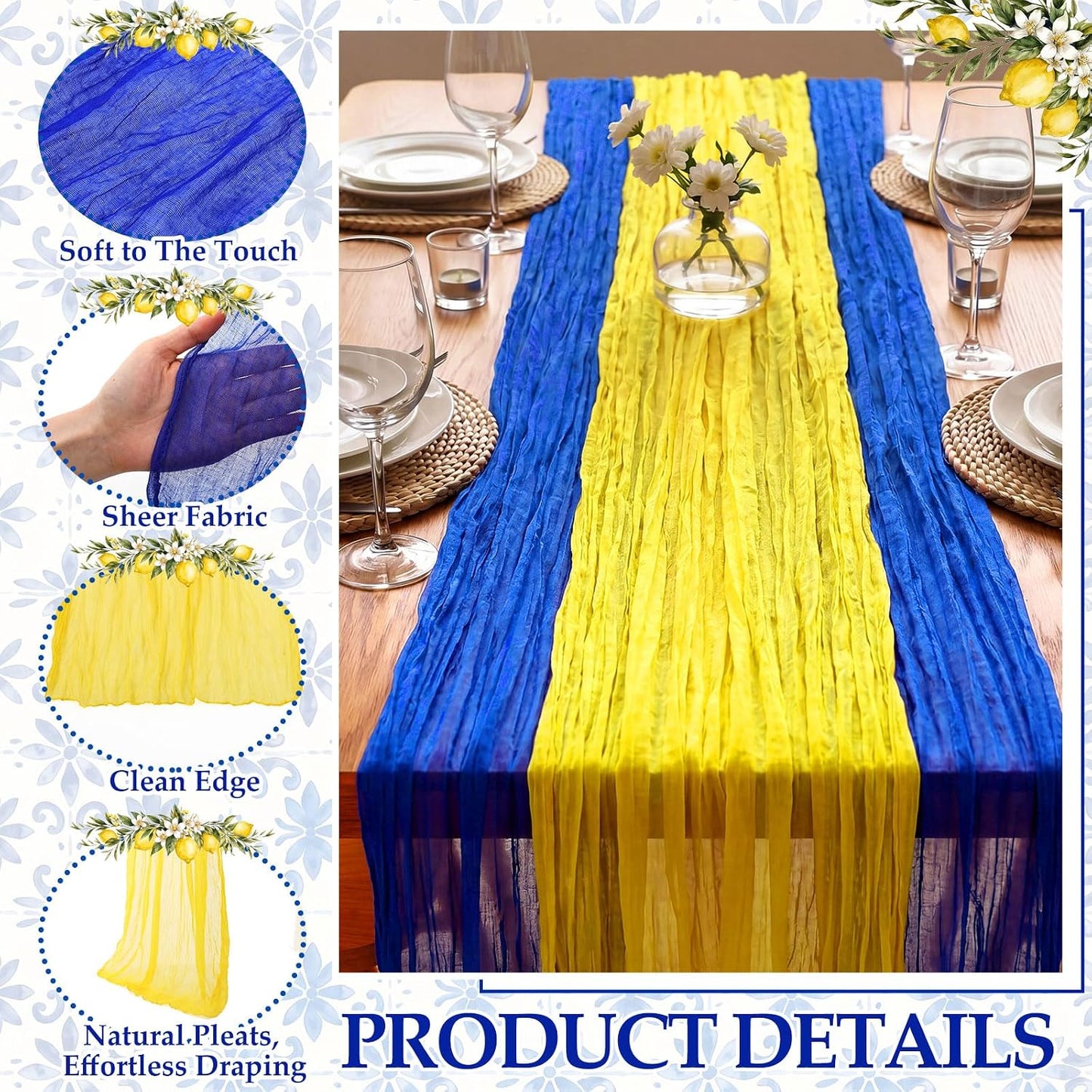 6 Pcs Royal Blue Lemon Yellow Party Decorations Amalfi Coast Table Runner Gauze Cheesecloth Runner Capri Lemon 118" Rustic Table Decor for Mediterranean Italian Summer Wedding Party Decor