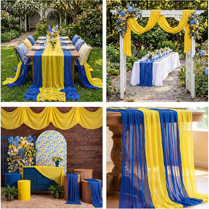 6 Pcs Royal Blue Lemon Yellow Party Decorations Amalfi Coast Table Runner Gauze Cheesecloth Runner Capri Lemon 118" Rustic Table Decor for Mediterranean Italian Summer Wedding Party Decor