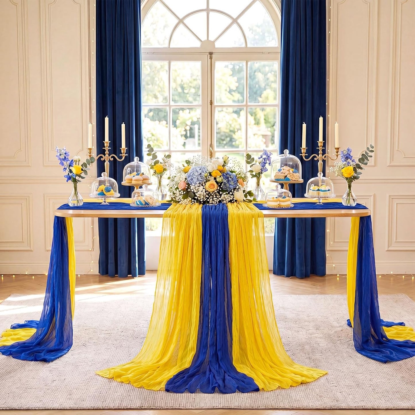 6 Pcs Royal Blue Lemon Yellow Party Decorations Amalfi Coast Table Runner Gauze Cheesecloth Runner Capri Lemon 118" Rustic Table Decor for Mediterranean Italian Summer Wedding Party Decor