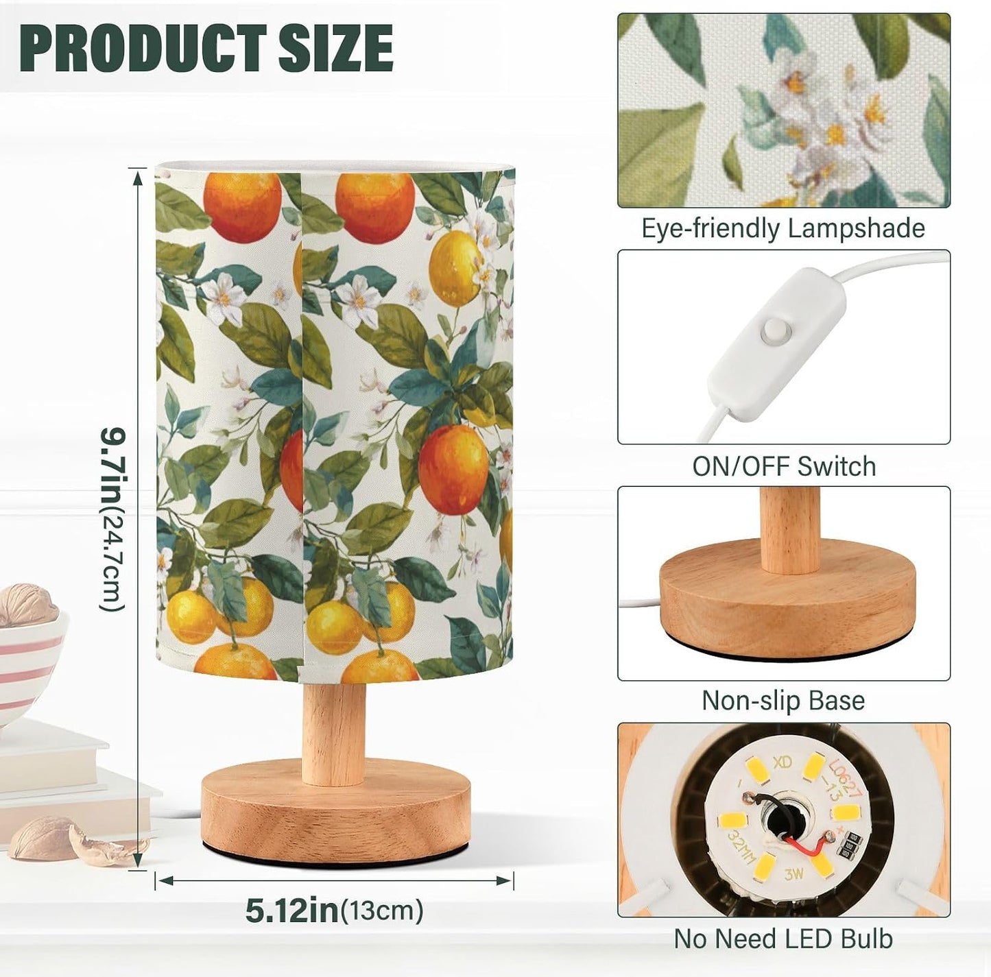 Bedside Table Lamp Lemon Yellow Citrus Fruits (51) Kids Nightstand Lamp Night Light Fabric Shade for Bedroom Living Room Home Office