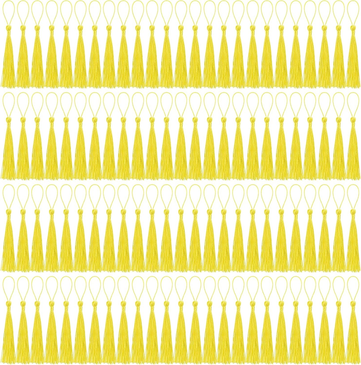 100 Pcs Bookmark Tassels Bulk Yellow Soft Craft Silky Handmade Mini Tassels for Jewelry Making with Loops for DIY Craft Accessory Dress Decoration
