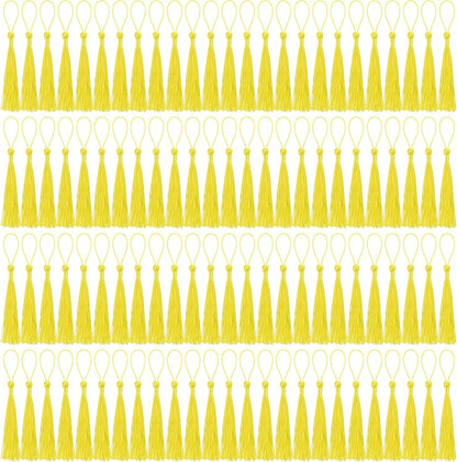 100 Pcs Bookmark Tassels Bulk Yellow Soft Craft Silky Handmade Mini Tassels for Jewelry Making with Loops for DIY Craft Accessory Dress Decoration