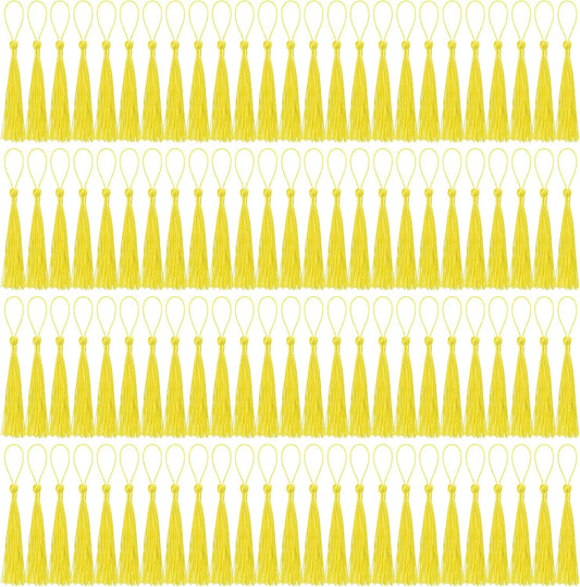 100 Pcs Bookmark Tassels Bulk Yellow Soft Craft Silky Handmade Mini Tassels for Jewelry Making with Loops for DIY Craft Accessory Dress Decoration