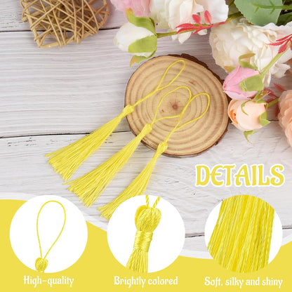 100 Pcs Bookmark Tassels Bulk Yellow Soft Craft Silky Handmade Mini Tassels for Jewelry Making with Loops for DIY Craft Accessory Dress Decoration
