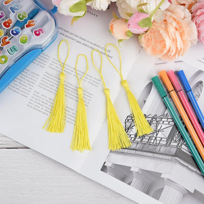100 Pcs Bookmark Tassels Bulk Yellow Soft Craft Silky Handmade Mini Tassels for Jewelry Making with Loops for DIY Craft Accessory Dress Decoration