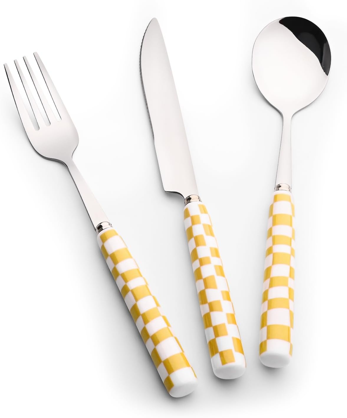 3-Piece Cutlery Set, Stainless Steel Flatware Sets with Yellow Checkerboard Pattern Ceramic Handle, Utensils including Knife Fork Spoon (Yellow)