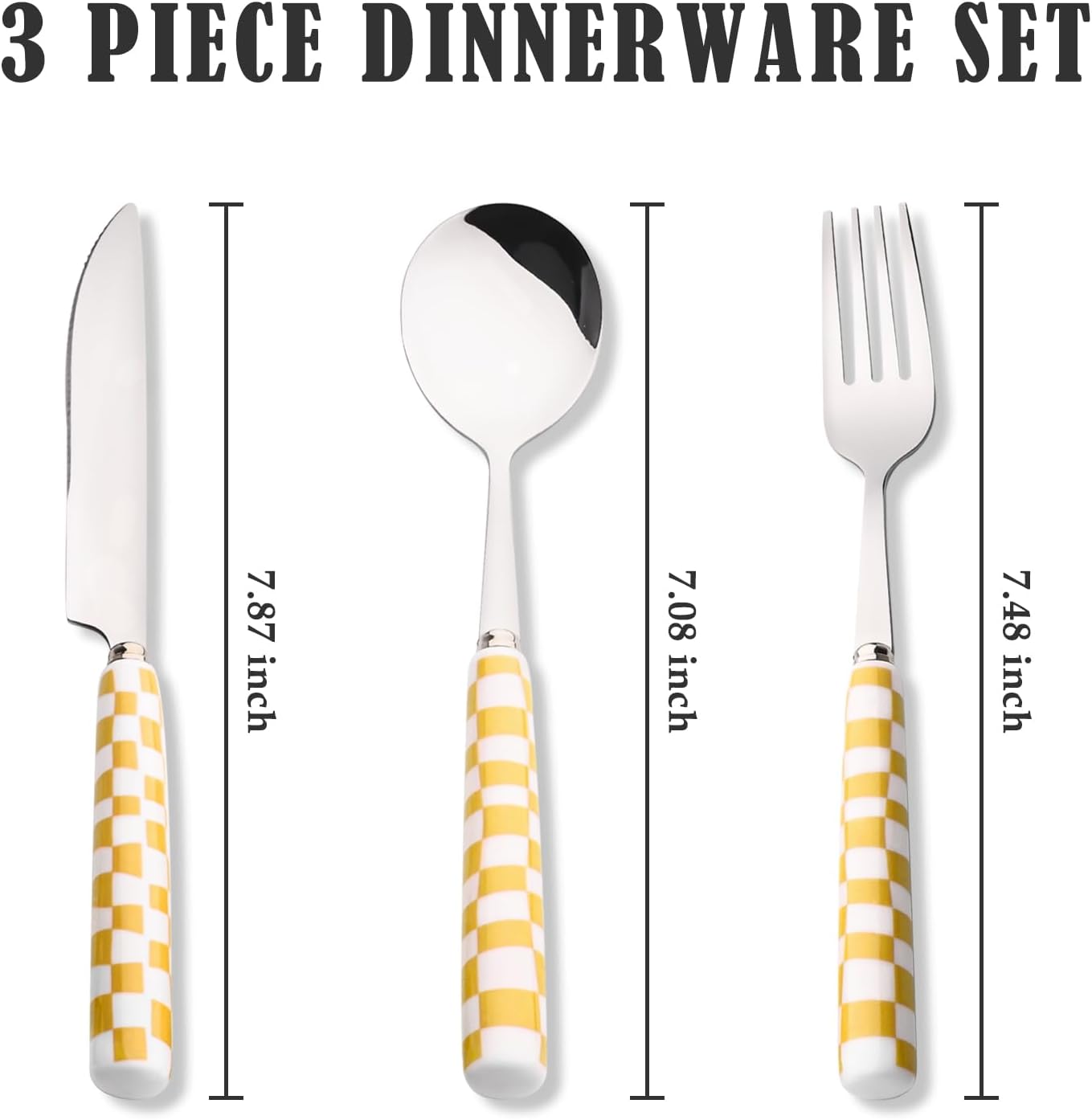 3-Piece Cutlery Set, Stainless Steel Flatware Sets with Yellow Checkerboard Pattern Ceramic Handle, Utensils including Knife Fork Spoon (Yellow)