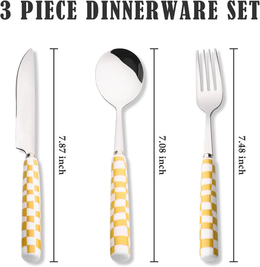 3-Piece Cutlery Set, Stainless Steel Flatware Sets with Yellow Checkerboard Pattern Ceramic Handle, Utensils including Knife Fork Spoon (Yellow)