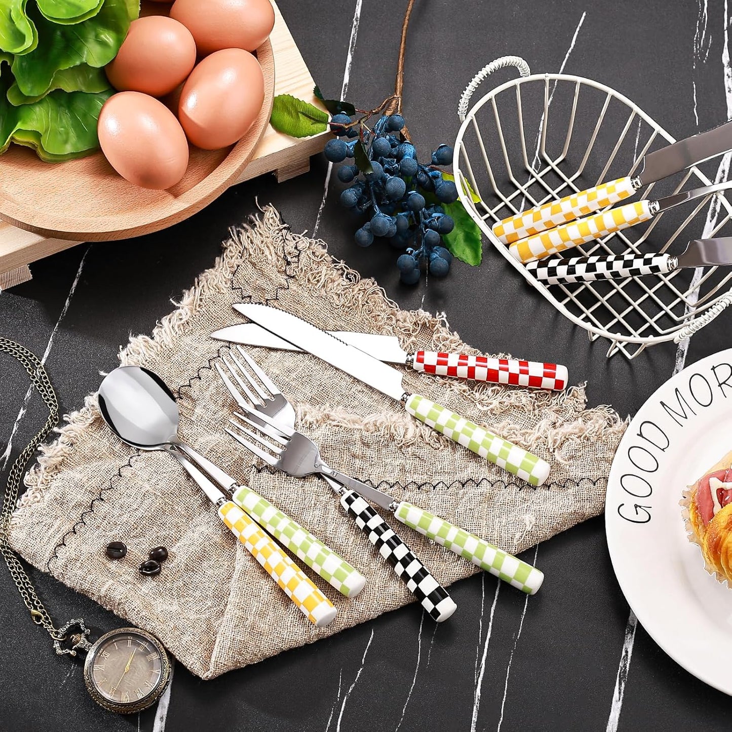 3-Piece Cutlery Set, Stainless Steel Flatware Sets with Yellow Checkerboard Pattern Ceramic Handle, Utensils including Knife Fork Spoon (Yellow)