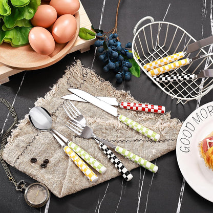 3-Piece Cutlery Set, Stainless Steel Flatware Sets with Yellow Checkerboard Pattern Ceramic Handle, Utensils including Knife Fork Spoon (Yellow)
