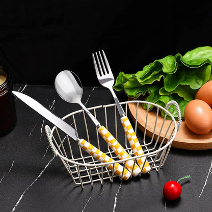3-Piece Cutlery Set, Stainless Steel Flatware Sets with Yellow Checkerboard Pattern Ceramic Handle, Utensils including Knife Fork Spoon (Yellow)