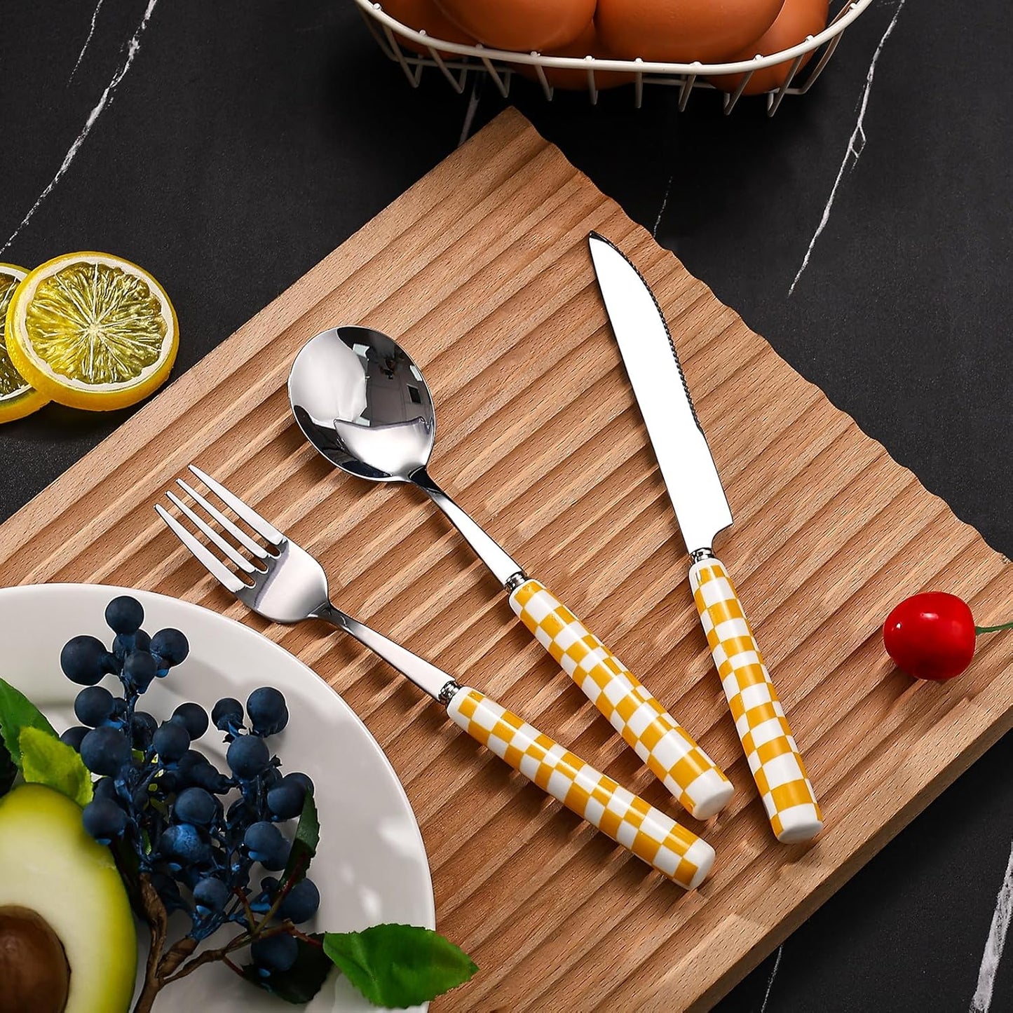 3-Piece Cutlery Set, Stainless Steel Flatware Sets with Yellow Checkerboard Pattern Ceramic Handle, Utensils including Knife Fork Spoon (Yellow)