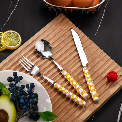 3-Piece Cutlery Set, Stainless Steel Flatware Sets with Yellow Checkerboard Pattern Ceramic Handle, Utensils including Knife Fork Spoon (Yellow)