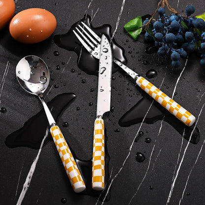 3-Piece Cutlery Set, Stainless Steel Flatware Sets with Yellow Checkerboard Pattern Ceramic Handle, Utensils including Knife Fork Spoon (Yellow)