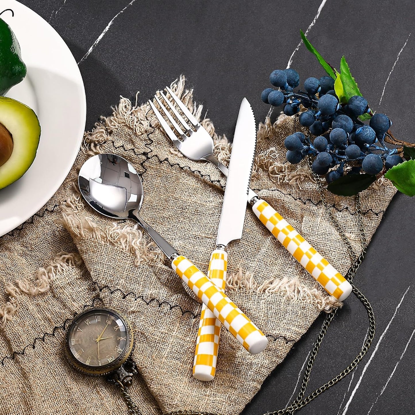 3-Piece Cutlery Set, Stainless Steel Flatware Sets with Yellow Checkerboard Pattern Ceramic Handle, Utensils including Knife Fork Spoon (Yellow)