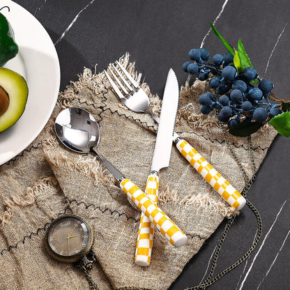 3-Piece Cutlery Set, Stainless Steel Flatware Sets with Yellow Checkerboard Pattern Ceramic Handle, Utensils including Knife Fork Spoon (Yellow)