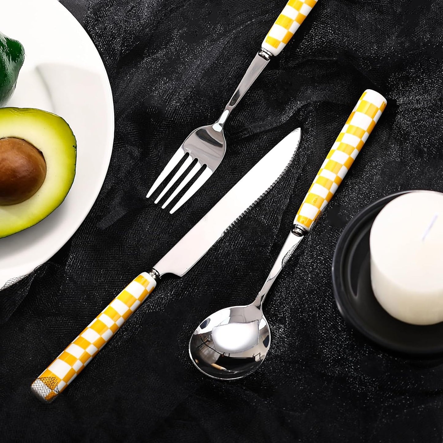 3-Piece Cutlery Set, Stainless Steel Flatware Sets with Yellow Checkerboard Pattern Ceramic Handle, Utensils including Knife Fork Spoon (Yellow)