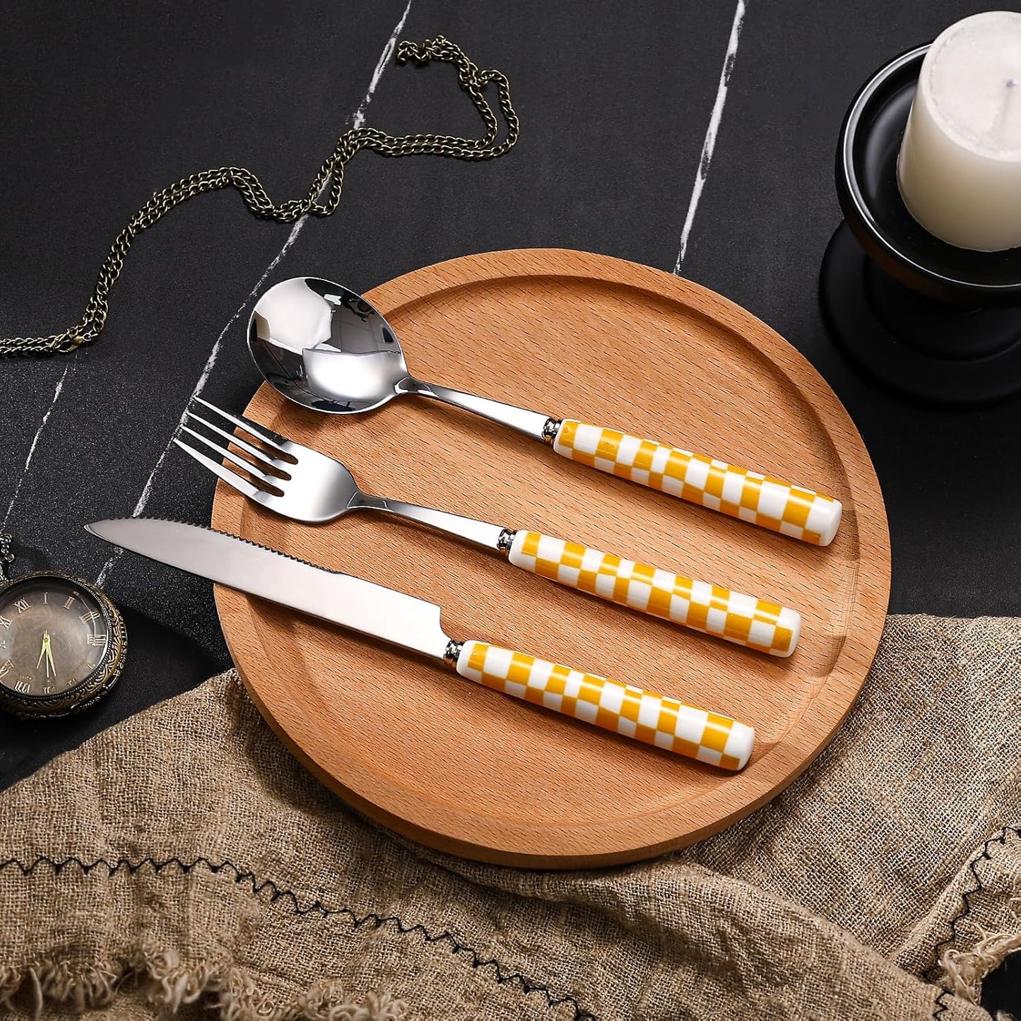 3-Piece Cutlery Set, Stainless Steel Flatware Sets with Yellow Checkerboard Pattern Ceramic Handle, Utensils including Knife Fork Spoon (Yellow)