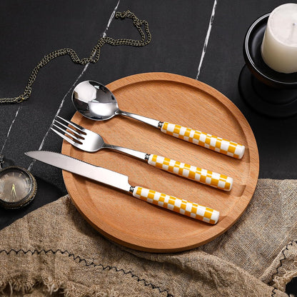 3-Piece Cutlery Set, Stainless Steel Flatware Sets with Yellow Checkerboard Pattern Ceramic Handle, Utensils including Knife Fork Spoon (Yellow)