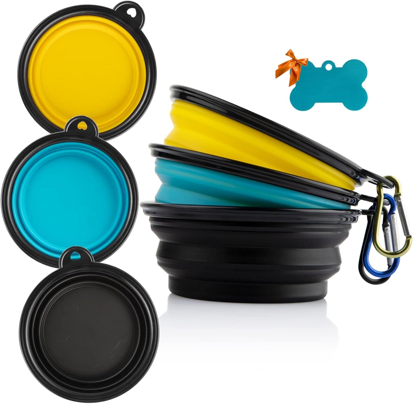 Collapsible Silicone Dog Bowls, 3-Pack Travel Portable Pet Bowls, Small | Yellow & black & light green. 5.1 in wide, 2.1 in tall, folds to 0.5 in. Holds 12 oz water or 1.5 cups food. Includes ID tag.
