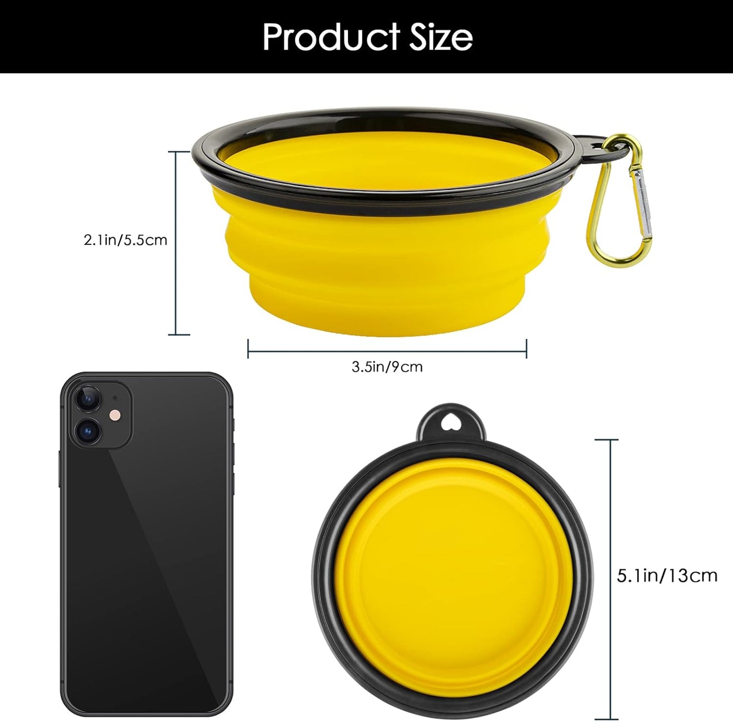 Collapsible Silicone Dog Bowls, 3-Pack Travel Portable Pet Bowls, Small | Yellow & black & light green. 5.1 in wide, 2.1 in tall, folds to 0.5 in. Holds 12 oz water or 1.5 cups food. Includes ID tag.