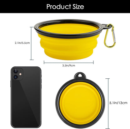Collapsible Silicone Dog Bowls, 3-Pack Travel Portable Pet Bowls, Small | Yellow & black & light green. 5.1 in wide, 2.1 in tall, folds to 0.5 in. Holds 12 oz water or 1.5 cups food. Includes ID tag.