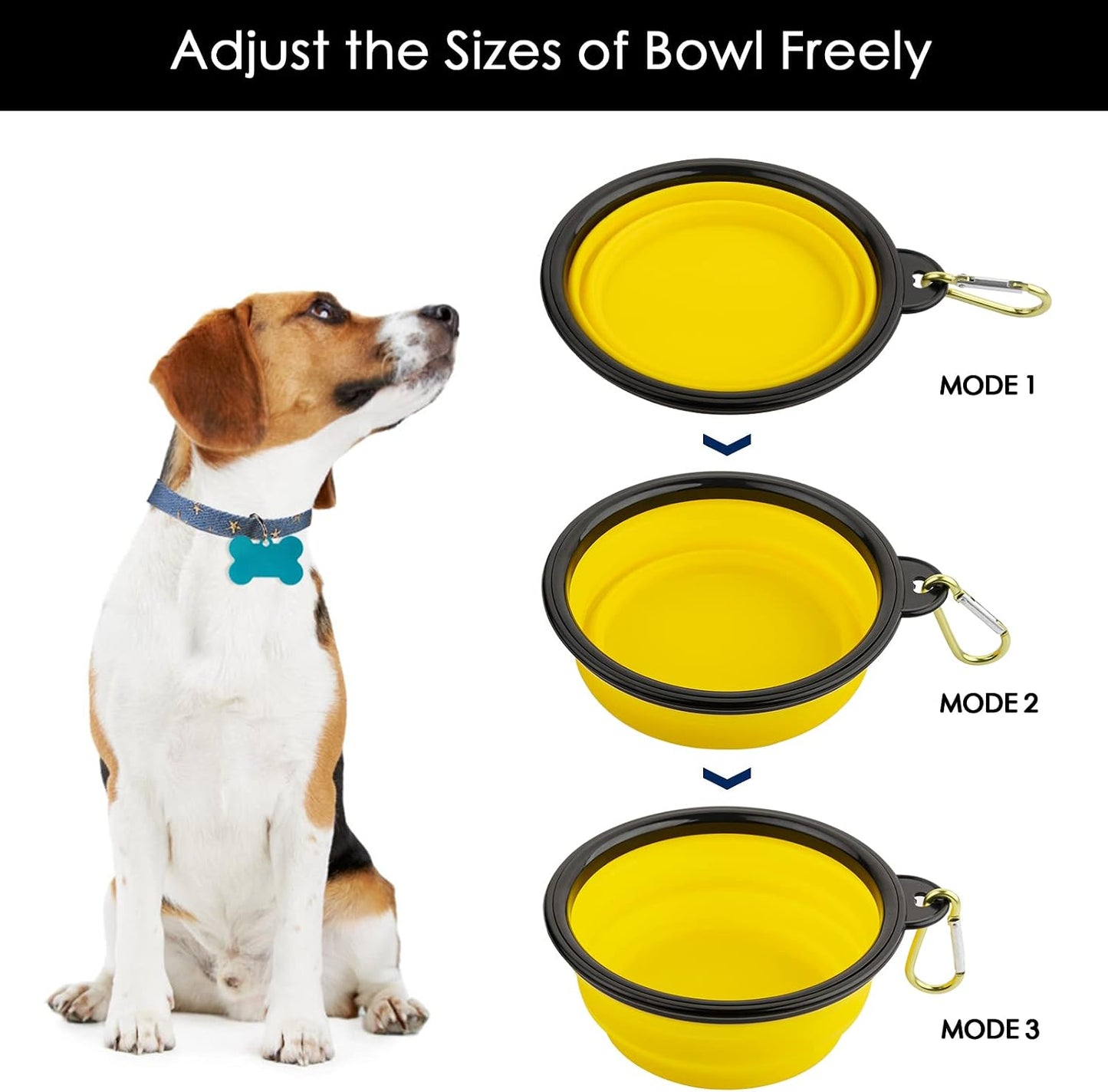Collapsible Silicone Dog Bowls, 3-Pack Travel Portable Pet Bowls, Small | Yellow & black & light green. 5.1 in wide, 2.1 in tall, folds to 0.5 in. Holds 12 oz water or 1.5 cups food. Includes ID tag.