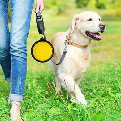 Collapsible Silicone Dog Bowls, 3-Pack Travel Portable Pet Bowls, Small | Yellow & black & light green. 5.1 in wide, 2.1 in tall, folds to 0.5 in. Holds 12 oz water or 1.5 cups food. Includes ID tag.
