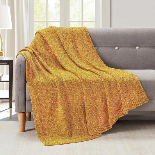 Chenille Throw Blanket for Couch Sofa Chair Bed Home Decoration, Soft Warm Cozy Blanket for All Season（50" x 60", Yellow）