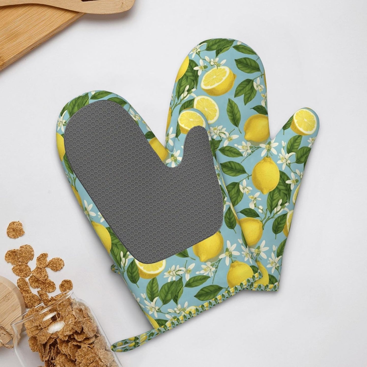 Lemon Silicone Oven Mitts Set of 2, Heat Resistant up to 500°F, Kitchen Oven Gloves with Non-Slip Grip and Soft Cotton Lining for Baking, Cooking and BBQ