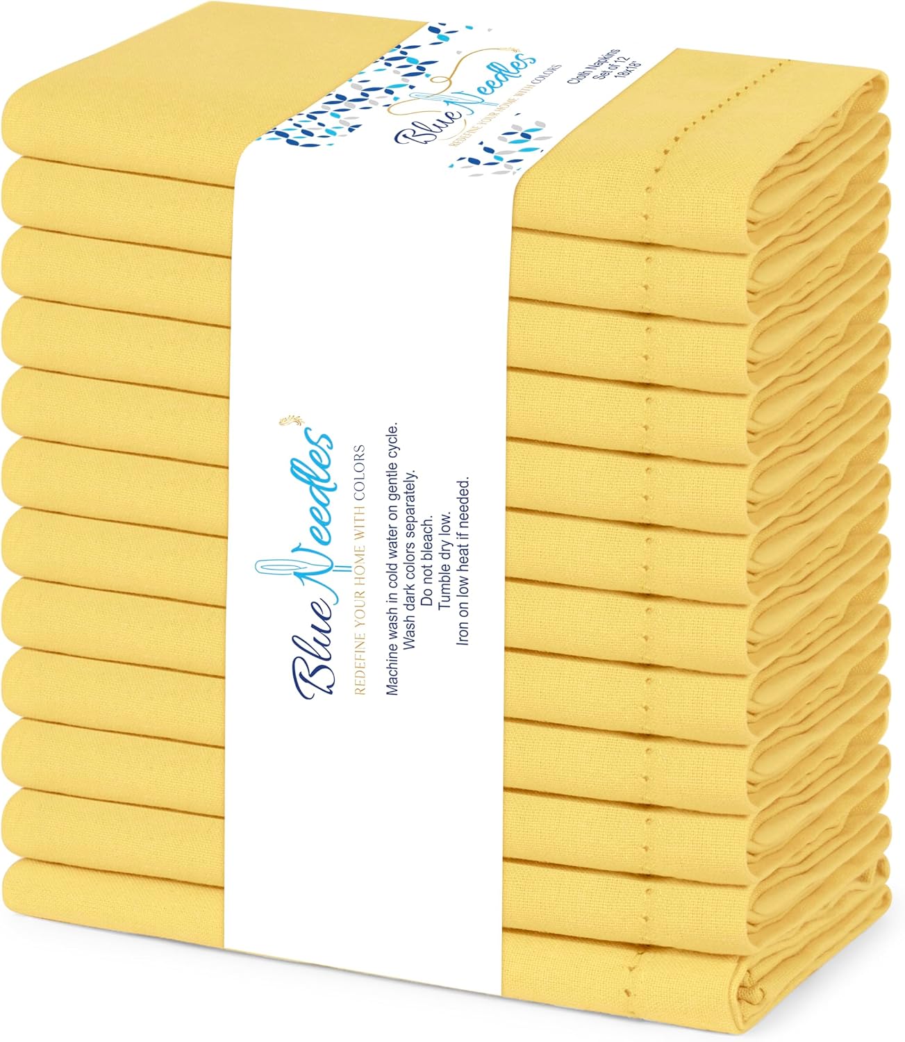 Set of 12 Hemstitch Linen Napkins 100% Cotton Lemon Yellow Cloth Dinner Napkins 18x18 inches - Spring Summer Easter - Soft, Reusable, Absorbent, Washable, Ideal for Parties & Everyday Use