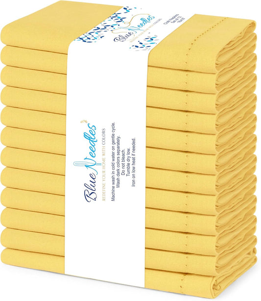 Set of 12 Hemstitch Linen Napkins 100% Cotton Lemon Yellow Cloth Dinner Napkins 18x18 inches - Spring Summer Easter - Soft, Reusable, Absorbent, Washable, Ideal for Parties & Everyday Use