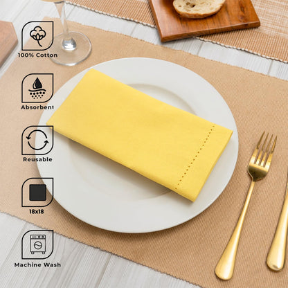Set of 12 Hemstitch Linen Napkins 100% Cotton Lemon Yellow Cloth Dinner Napkins 18x18 inches - Spring Summer Easter - Soft, Reusable, Absorbent, Washable, Ideal for Parties & Everyday Use