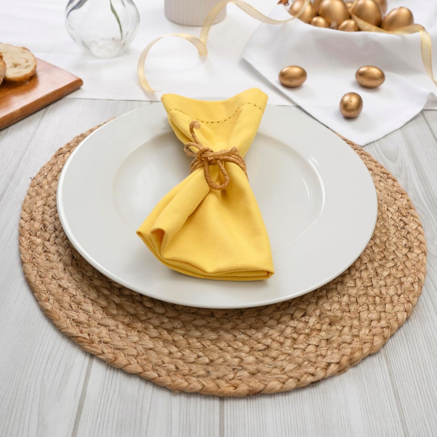 Set of 12 Hemstitch Linen Napkins 100% Cotton Lemon Yellow Cloth Dinner Napkins 18x18 inches - Spring Summer Easter - Soft, Reusable, Absorbent, Washable, Ideal for Parties & Everyday Use