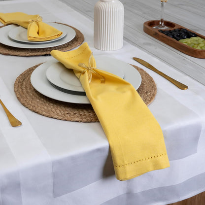 Set of 12 Hemstitch Linen Napkins 100% Cotton Lemon Yellow Cloth Dinner Napkins 18x18 inches - Spring Summer Easter - Soft, Reusable, Absorbent, Washable, Ideal for Parties & Everyday Use